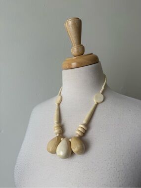 Vintage Artisan Statement Necklace Natural Carved Bone? Bead Necklace